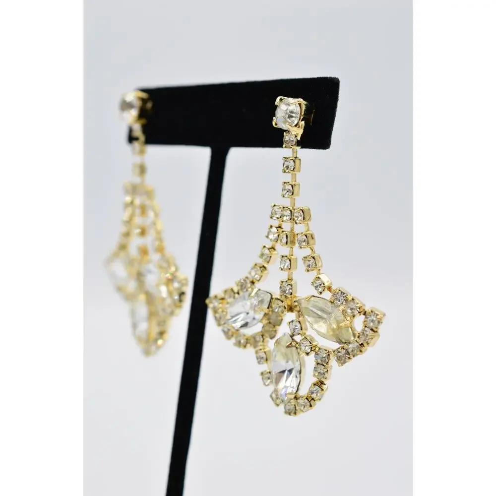 Vintage Crystal Earrings Shiny Gold Prong Rhinestone Dangle NOS 1980s BinAA